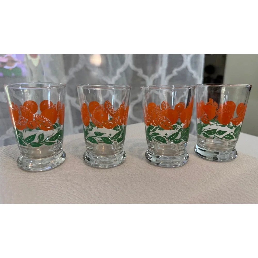 Vintage Orange Citrus Juice Glasses Set of 6 Retro Fruit Pattern Small Tumblers
